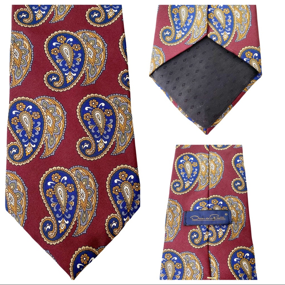 Oscar De La Renta Italian Silk Tie Paisley Burgundy Blue Mens